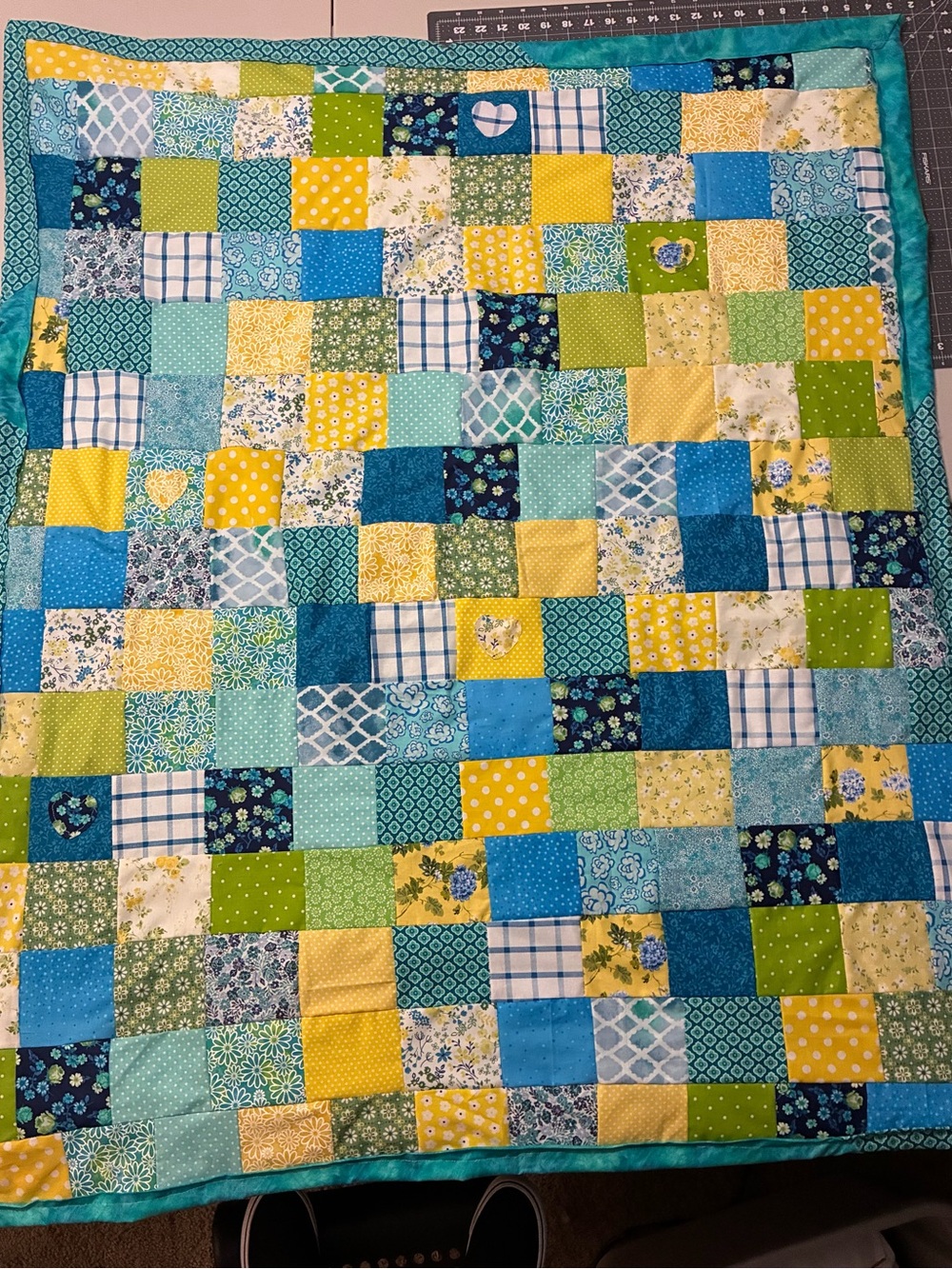 Handmade Patchwork Quilt in Blue, Yellow & Green - Cozy Home Bedding